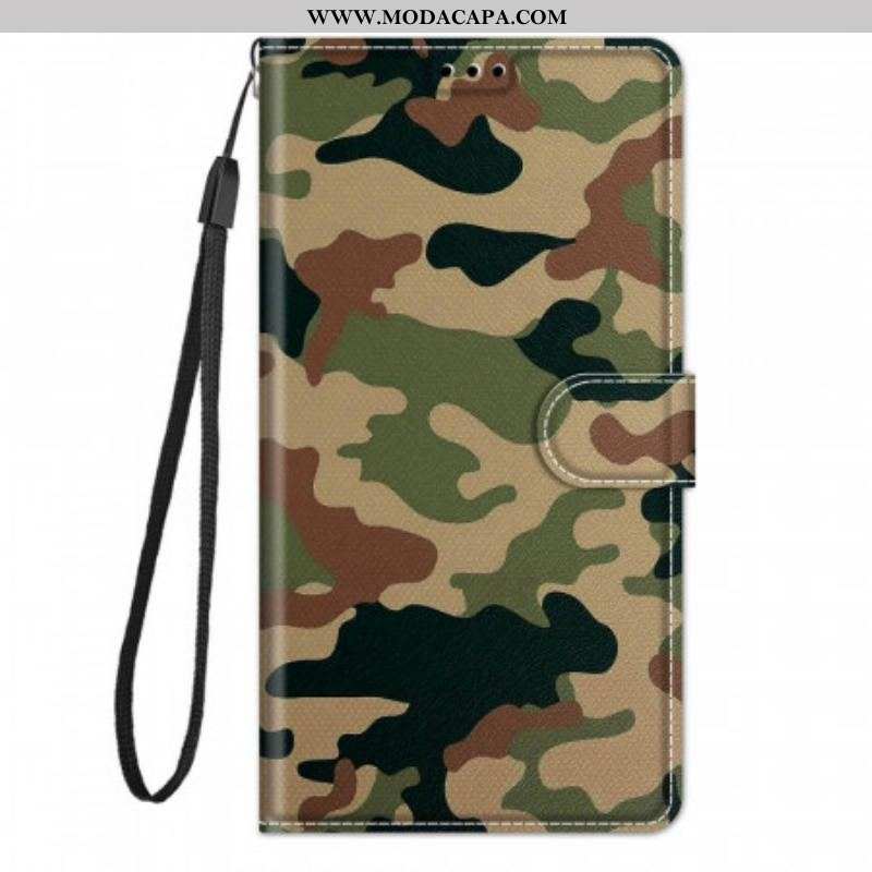 Capa De Couro Para Samsung Galaxy M53 5G De Cordão Camuflagem Com Tiras