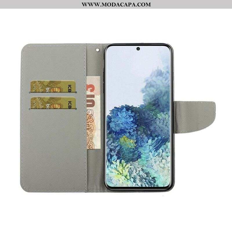 Capa De Couro Para Samsung Galaxy S21 5G De Cordão Gato Não Me Toque Com Alça