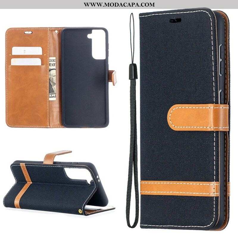 Capa Flip Para Samsung Galaxy S21 5G De Cordão Correia Efeito Tecido E Couro