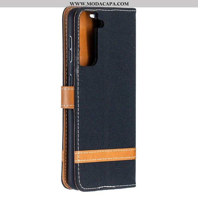 Capa Flip Para Samsung Galaxy S21 5G De Cordão Correia Efeito Tecido E Couro