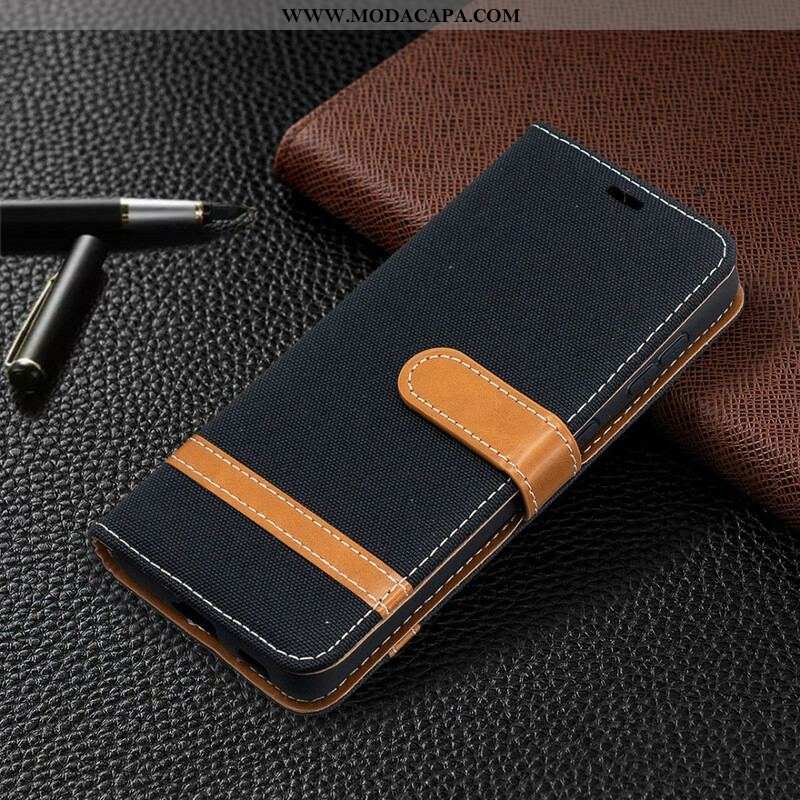 Capa Flip Para Samsung Galaxy S21 5G De Cordão Correia Efeito Tecido E Couro