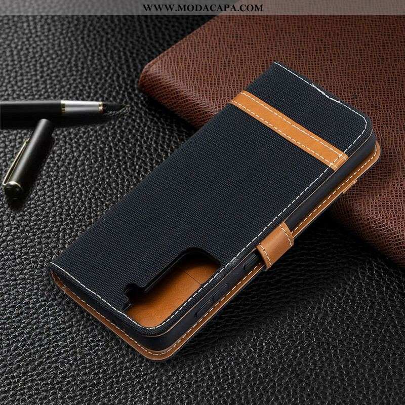 Capa Flip Para Samsung Galaxy S21 5G De Cordão Correia Efeito Tecido E Couro