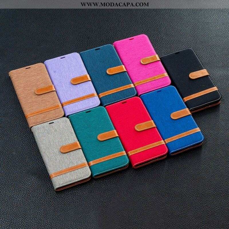 Capa Flip Para Samsung Galaxy S21 5G De Cordão Correia Efeito Tecido E Couro