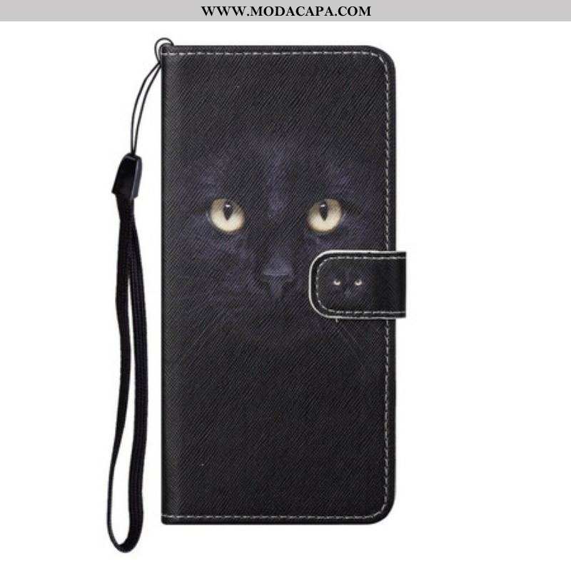 Capa Folio Para Samsung Galaxy S21 5G De Cordão Olhos De Gato Preto Com Tiras