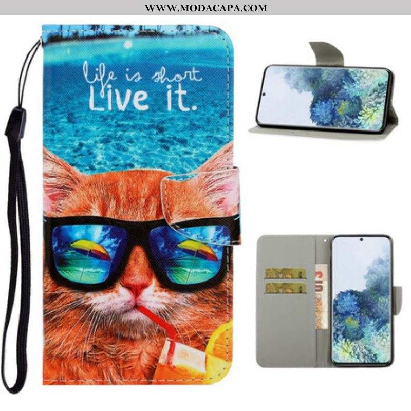 Capa Flip Para Samsung Galaxy S21 5G De Cordão Cat Live It Strappy