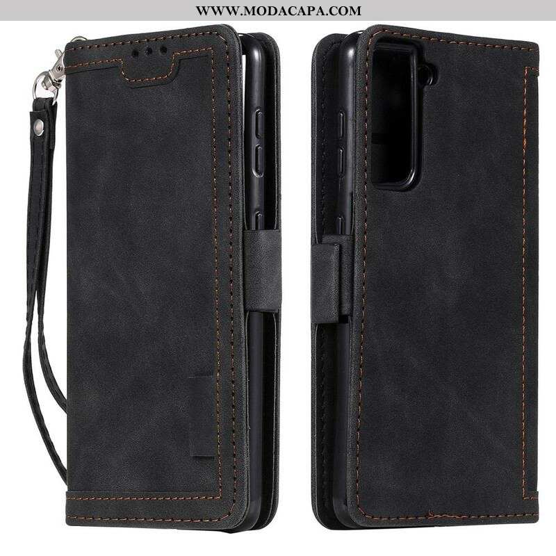 Capa Flip Para Samsung Galaxy S21 5G Contornos Reforçados Com Couro Sintético Em Dois Tons