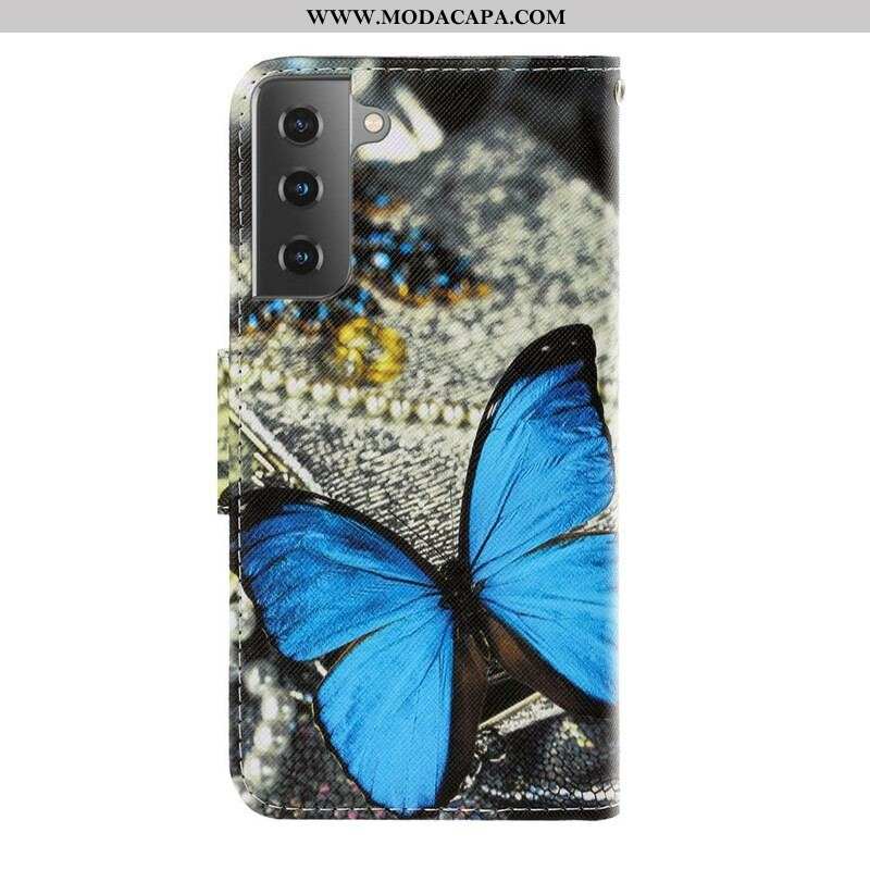 Capa Em Pele Para Samsung Galaxy S21 5G De Cordão Variações De Tiras Borboletas