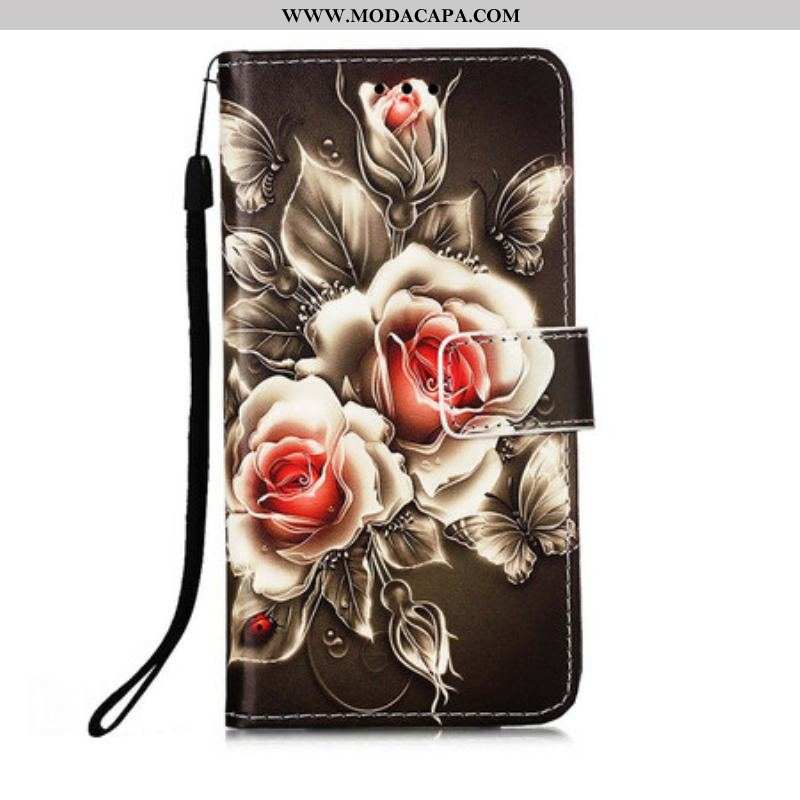 Capa Folio Para Samsung Galaxy S21 5G Rosas Douradas