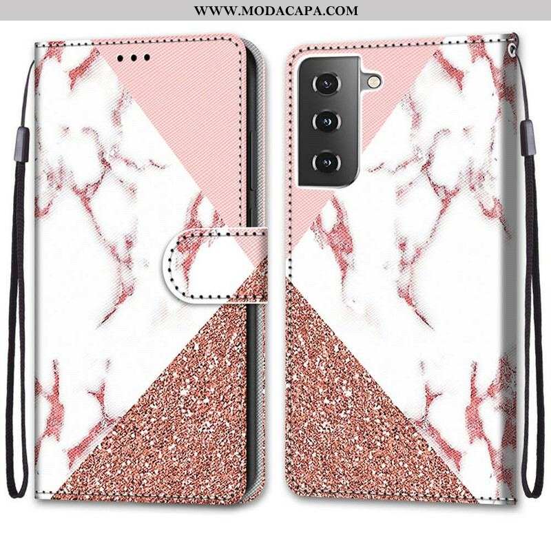 Capa Flip Para Samsung Galaxy S21 5G Triângulo De Mármore E Glitter