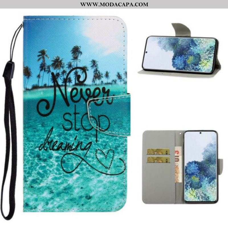 Capa Flip Para Samsung Galaxy S21 5G De Cordão Nunca Pare De Sonhar Com Strappy Navy