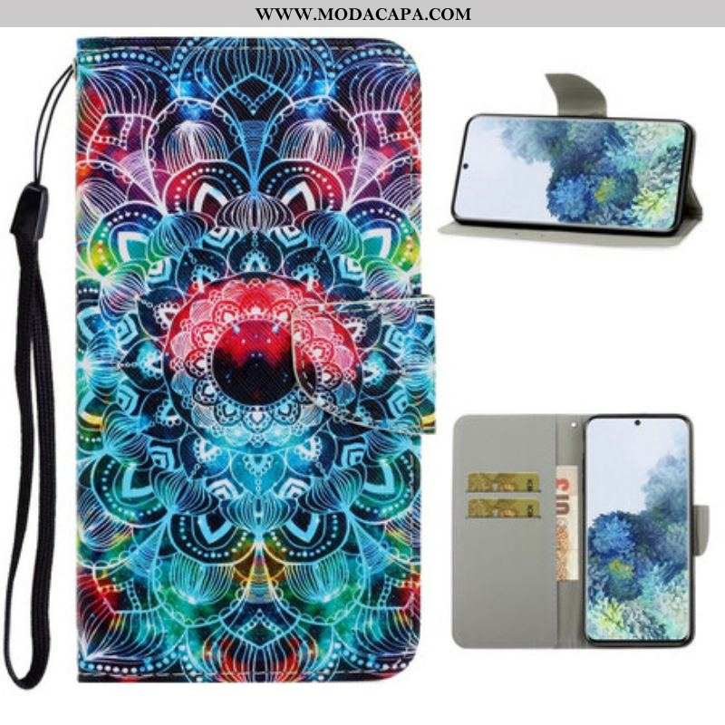 Capa De Couro Para Samsung Galaxy S21 5G De Cordão Mandala De Tiras Chamativas