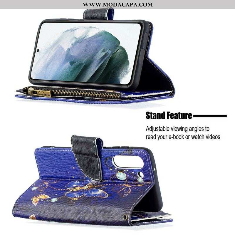 Capa Folio Para Samsung Galaxy S21 FE Bolsa De Zíper Borboletas Borboletas