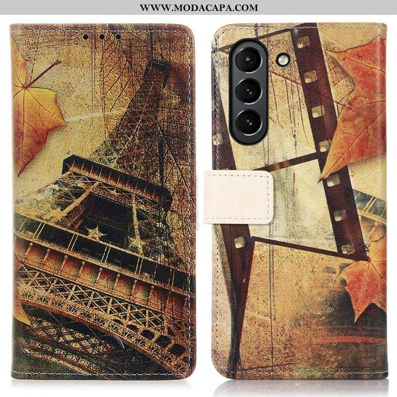 Capa Folio Para Samsung Galaxy S21 FE Torre Eiffel No Outono