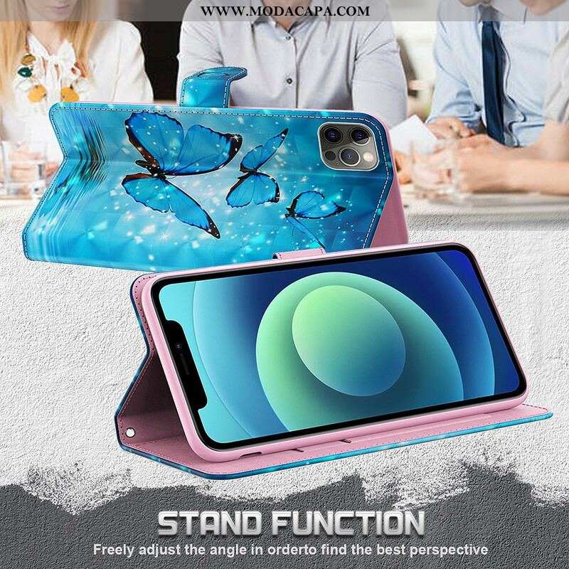 Capa Flip Para Samsung Galaxy S21 FE Borboletas Azuis Voando