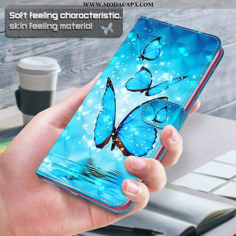 Capa Flip Para Samsung Galaxy S21 FE Borboletas Azuis Voando