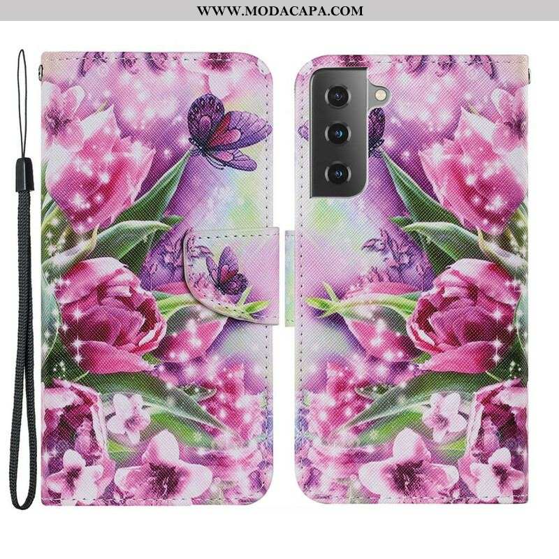 Capa Flip Para Samsung Galaxy S21 FE Borboletas E Tulipas