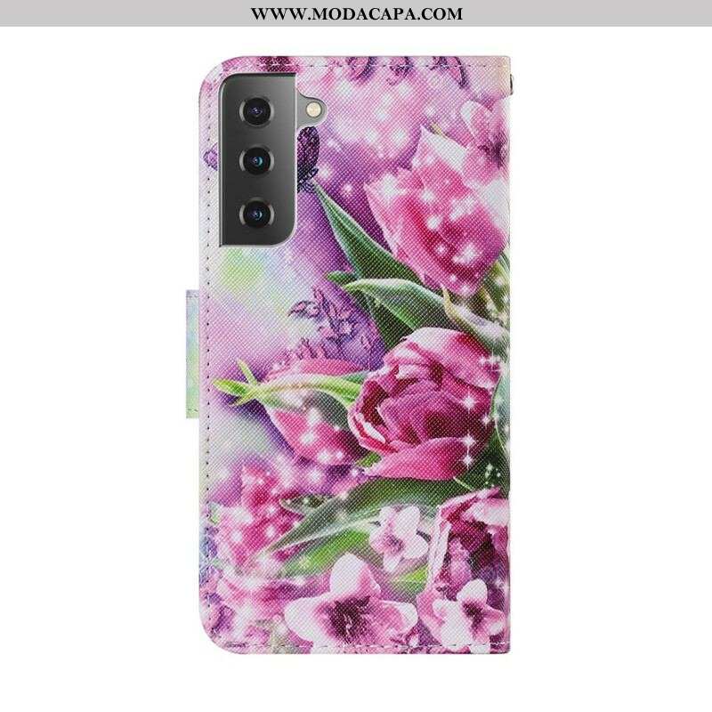 Capa Flip Para Samsung Galaxy S21 FE Borboletas E Tulipas