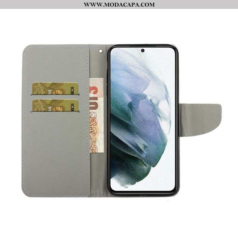 Capa Flip Para Samsung Galaxy S21 FE Borboletas E Tulipas