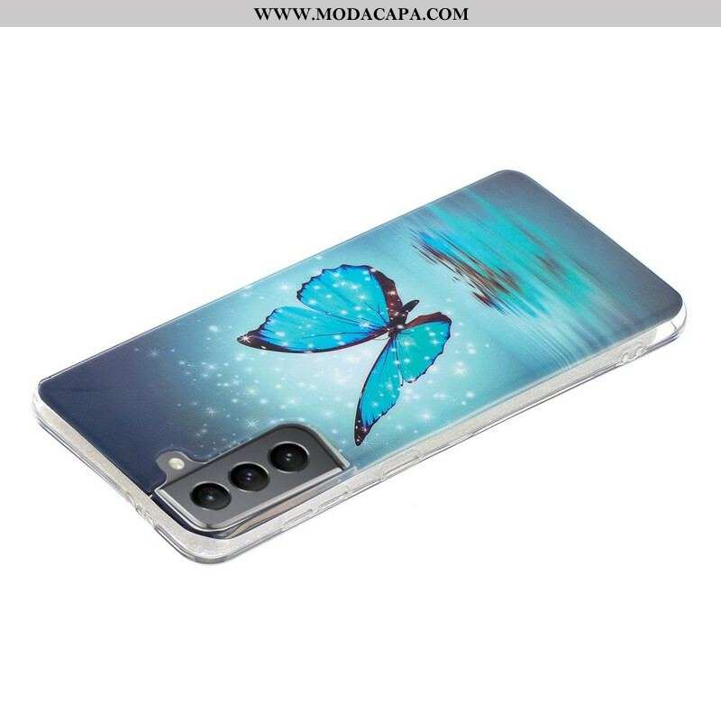 Capa Para Samsung Galaxy S21 FE Borboleta Azul Fluorescente