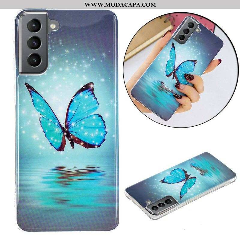 Capa Para Samsung Galaxy S21 FE Borboleta Azul Fluorescente