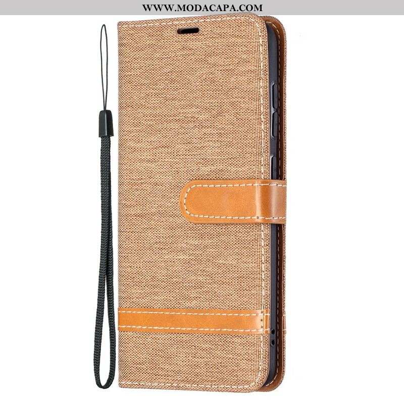 Capa Folio Para Samsung Galaxy S21 FE De Cordão Correia Efeito Tecido E Couro