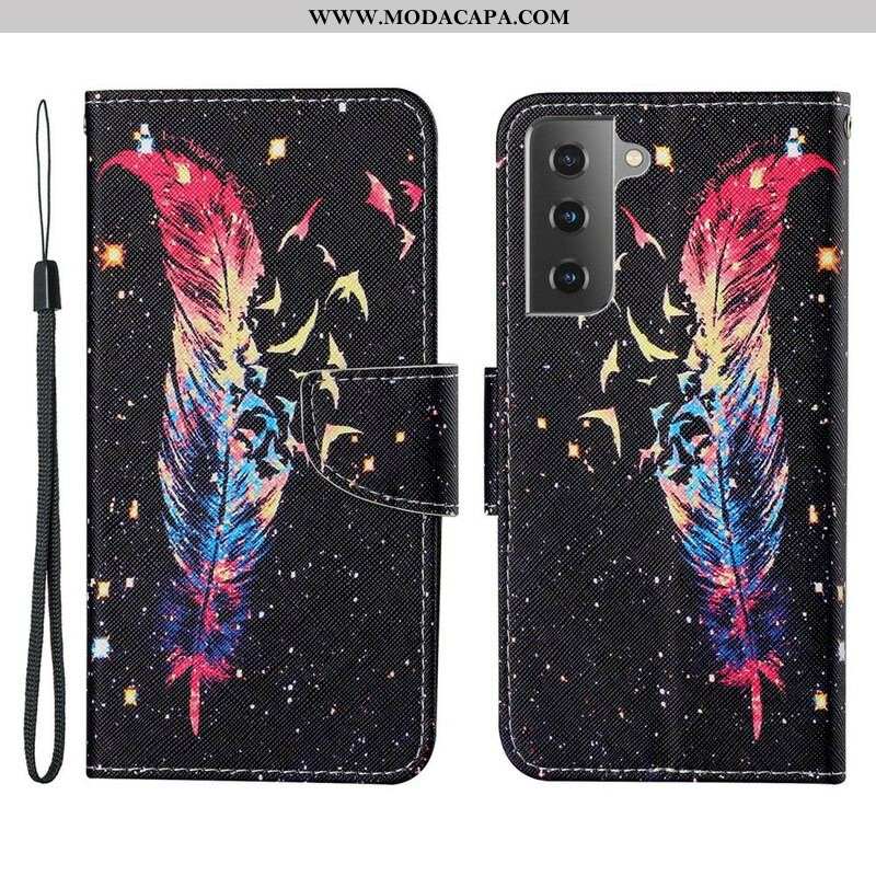 Capa Folio Para Samsung Galaxy S21 FE De Cordão Pena Colorida Com Alça