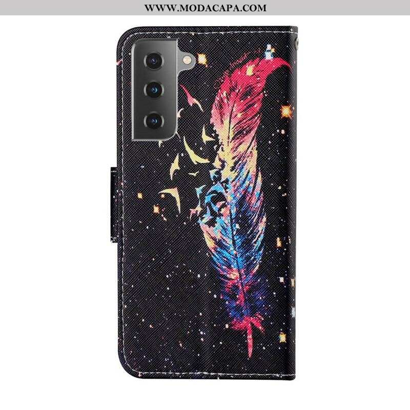 Capa Folio Para Samsung Galaxy S21 FE De Cordão Pena Colorida Com Alça