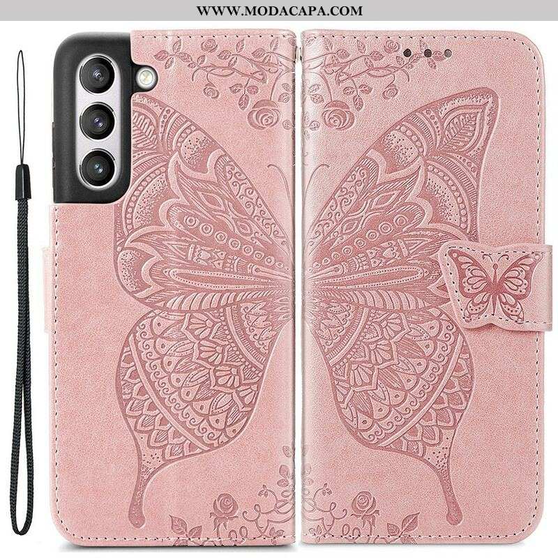 Capa De Couro Para Samsung Galaxy S21 FE Meia Borboleta