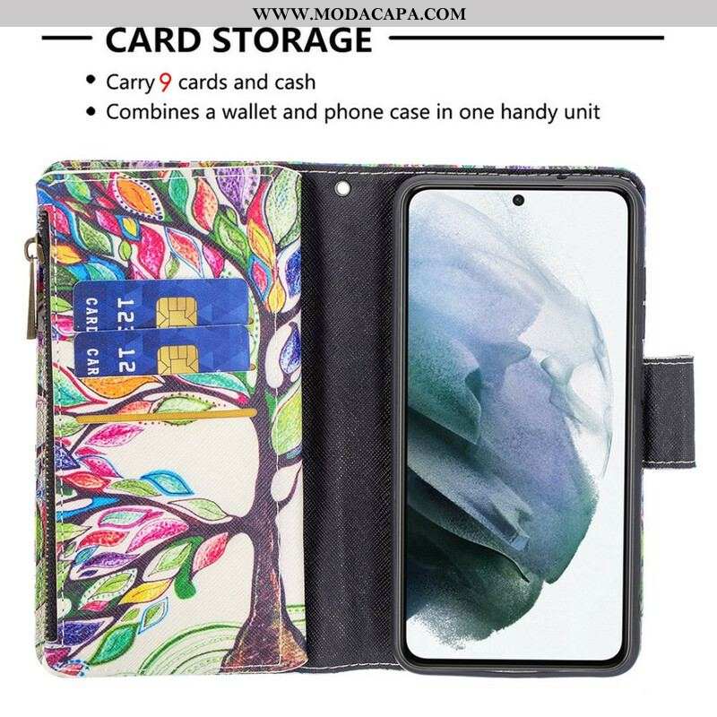 Capa Folio Para Samsung Galaxy S21 FE Bolso De Árvore Com Zíper