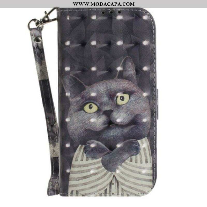 Capa Flip Para Samsung Galaxy S21 FE De Cordão Gato Cinzento Com Alça