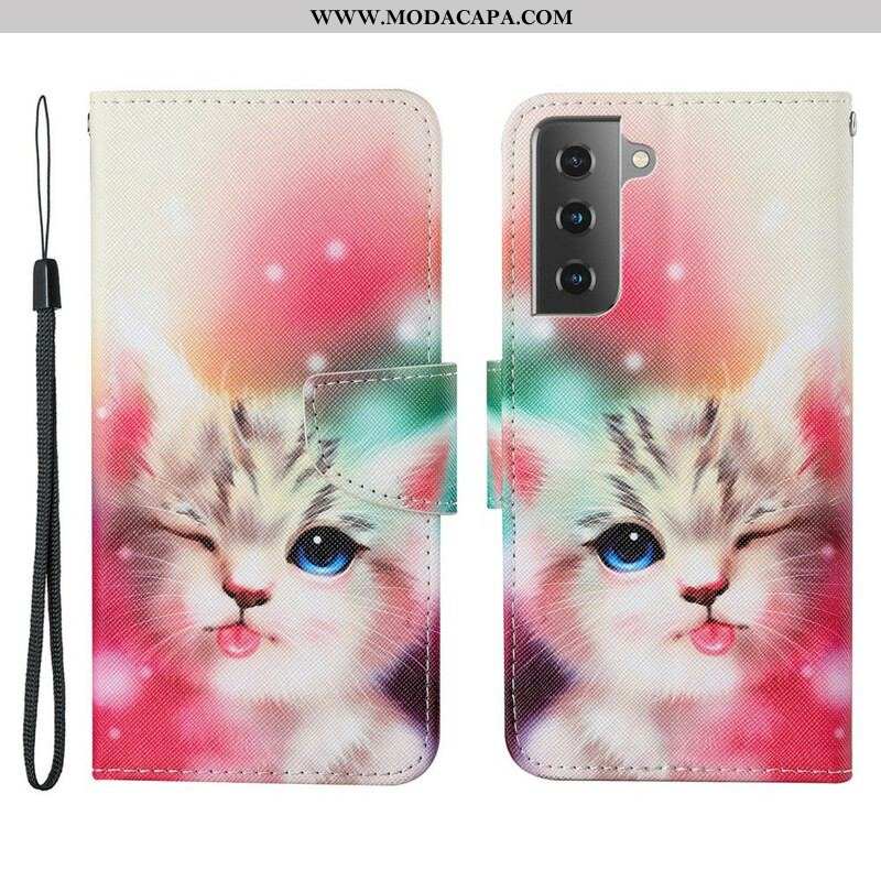 Capa Flip Para Samsung Galaxy S21 FE Histórias De Gatos Com Cordão