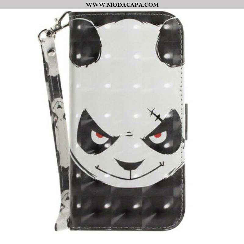 Capa De Couro Para Samsung Galaxy S21 FE De Cordão Panda Irritado Com Cordão