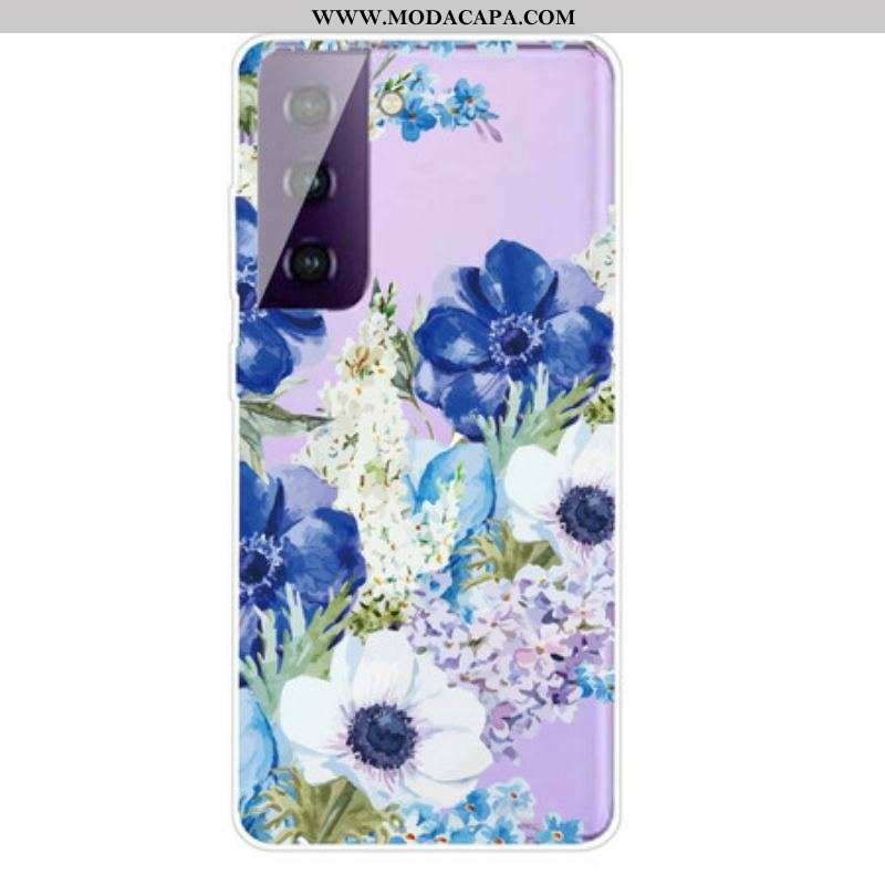 Capa Para Samsung Galaxy S21 FE Aquarela Flores Azuis