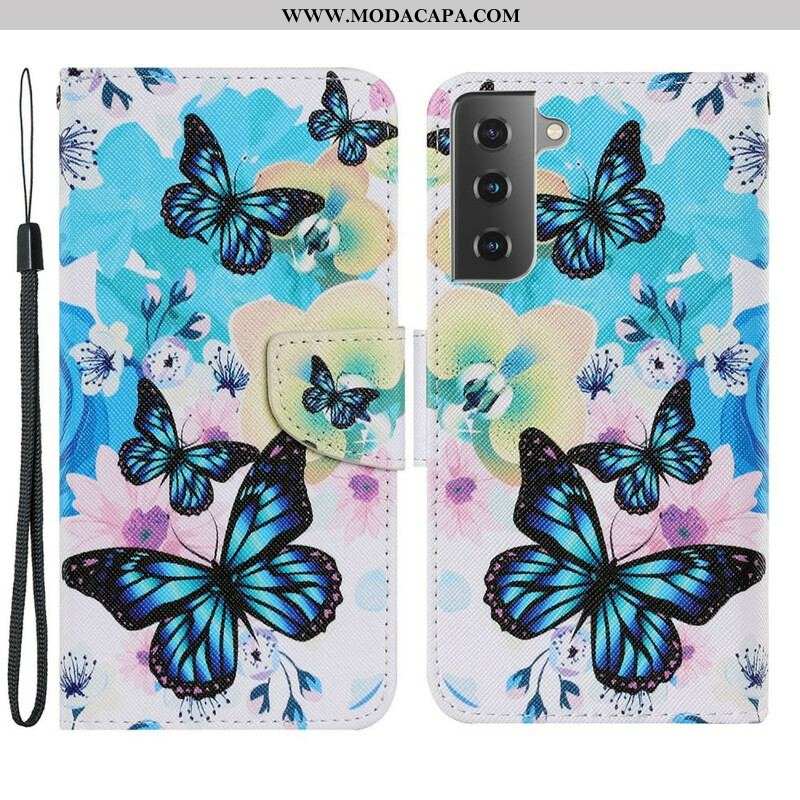 Capa Flip Para Samsung Galaxy S21 FE Borboletas E Flores De Verão