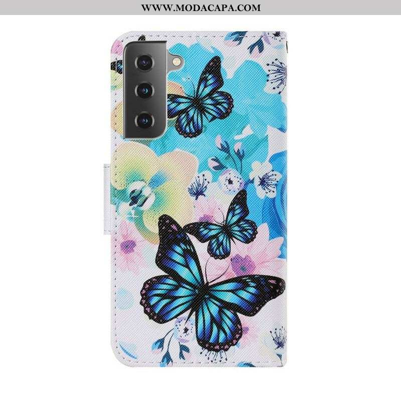 Capa Flip Para Samsung Galaxy S21 FE Borboletas E Flores De Verão