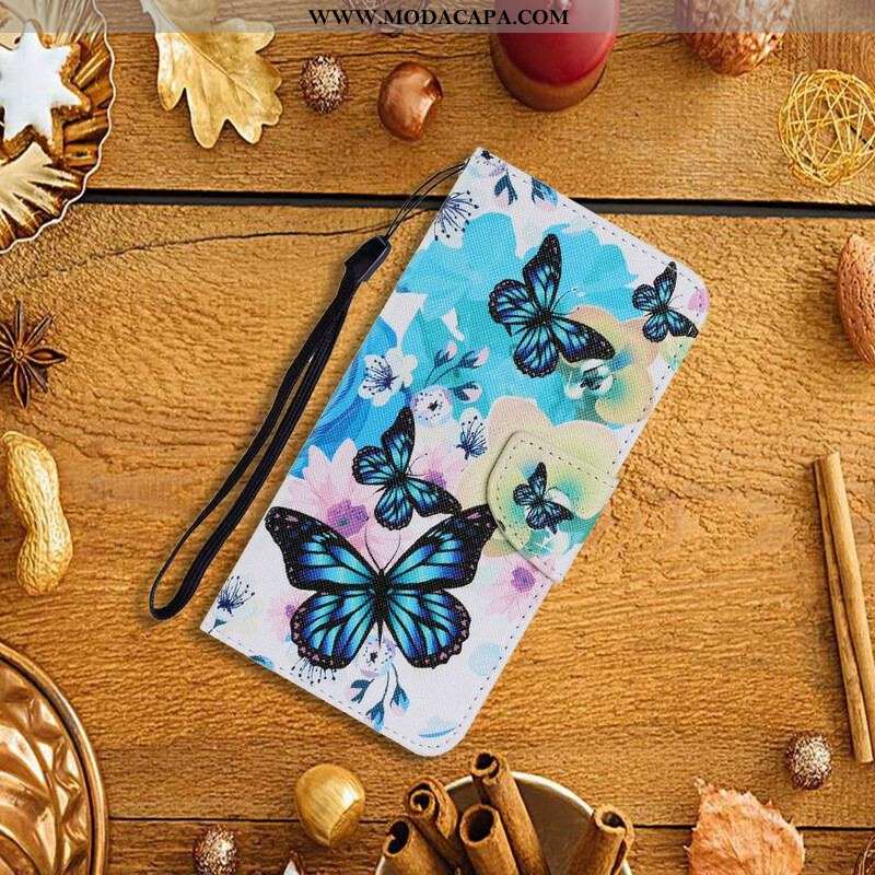 Capa Flip Para Samsung Galaxy S21 FE Borboletas E Flores De Verão