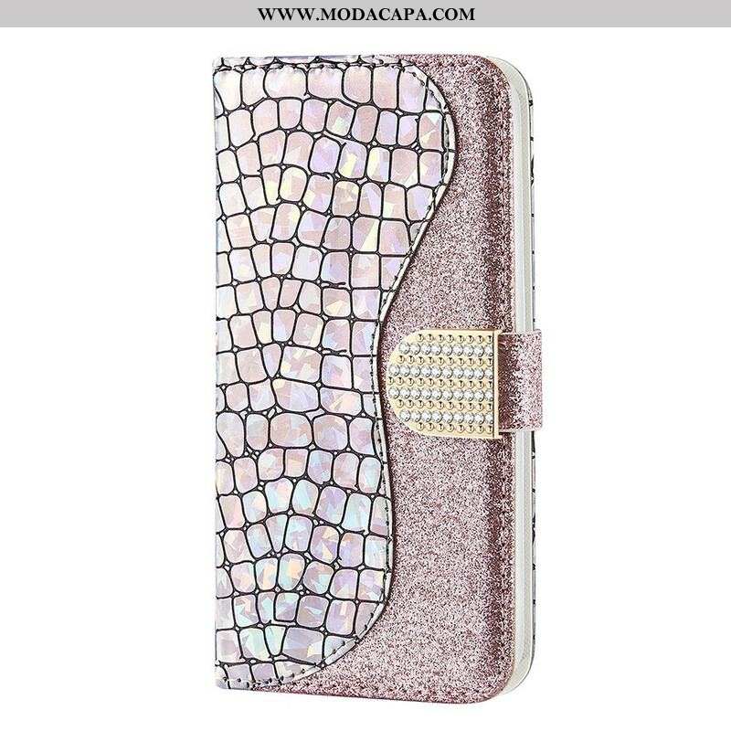 Capa De Couro Para Samsung Galaxy S21 FE Diamantes De Crocodilo