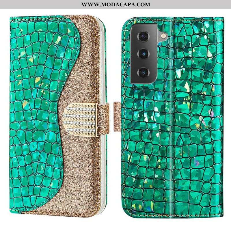 Capa De Couro Para Samsung Galaxy S21 FE Diamantes De Crocodilo