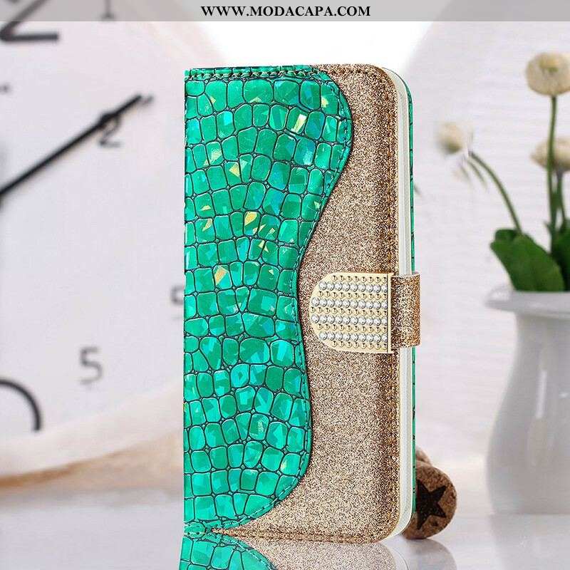 Capa De Couro Para Samsung Galaxy S21 FE Diamantes De Crocodilo