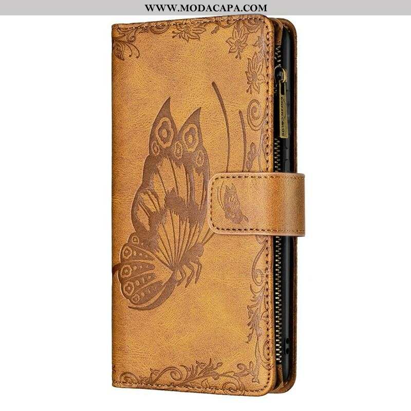 Capa Flip Para Samsung Galaxy S21 FE Bolso Com Zíper Barroco Borboleta