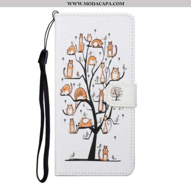 Capa Em Pele Para Samsung Galaxy S21 FE De Cordão Gatos Divertidos Com Alça