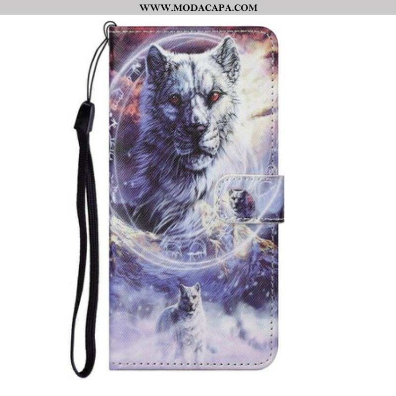 Capa Flip Para Samsung Galaxy S21 FE Lobo No Inverno Com Cordão