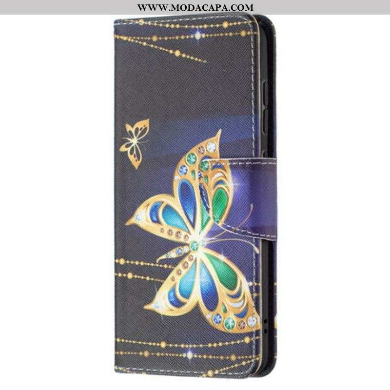 Capa Folio Para Samsung Galaxy S21 FE Borboleta Dourada