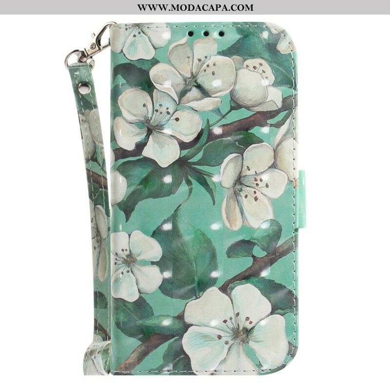 Capa Flip Para Samsung Galaxy S21 FE De Cordão Ramo Florido Com Alça