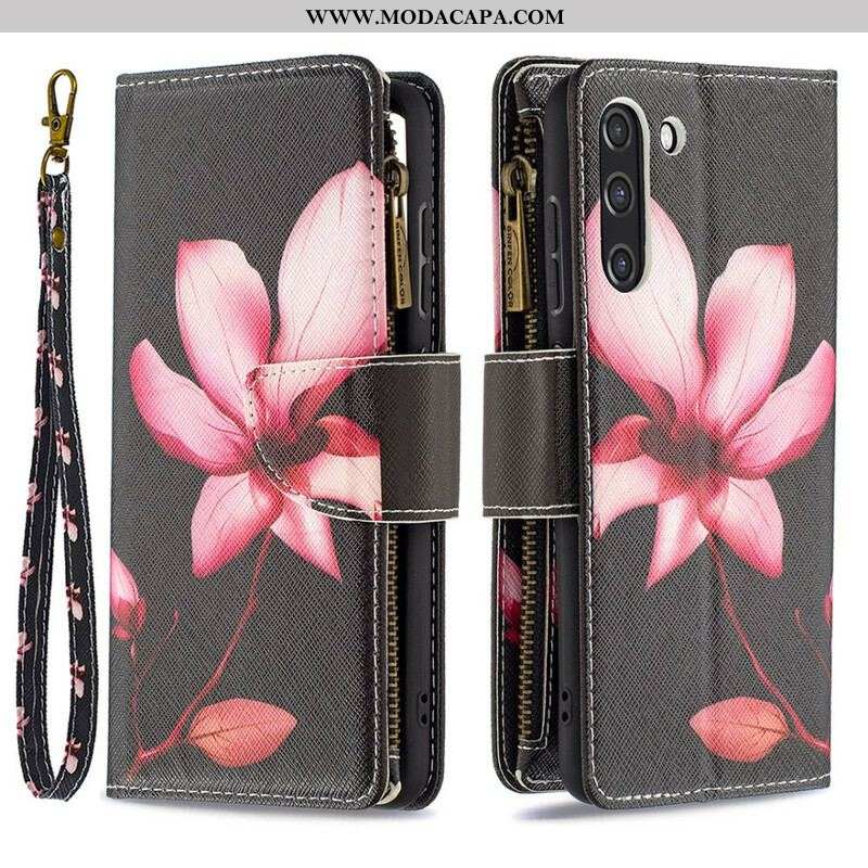 Capa De Couro Para Samsung Galaxy S21 FE Bolso Com Zíper Flor