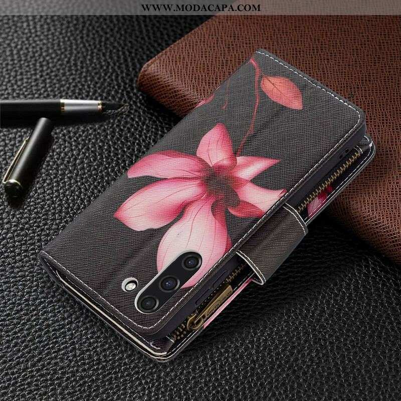 Capa De Couro Para Samsung Galaxy S21 FE Bolso Com Zíper Flor