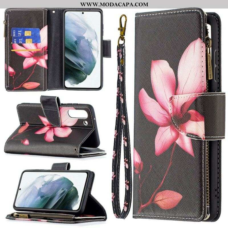 Capa De Couro Para Samsung Galaxy S21 FE Bolso Com Zíper Flor