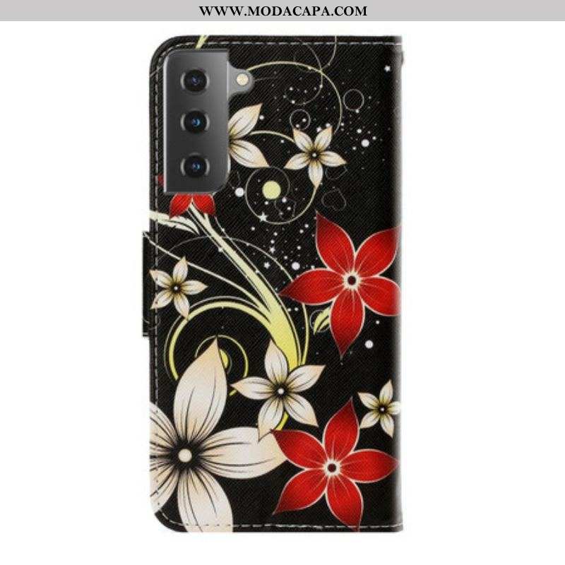Capa Flip Para Samsung Galaxy S21 Plus 5G De Cordão Flores Coloridas Com Tiras