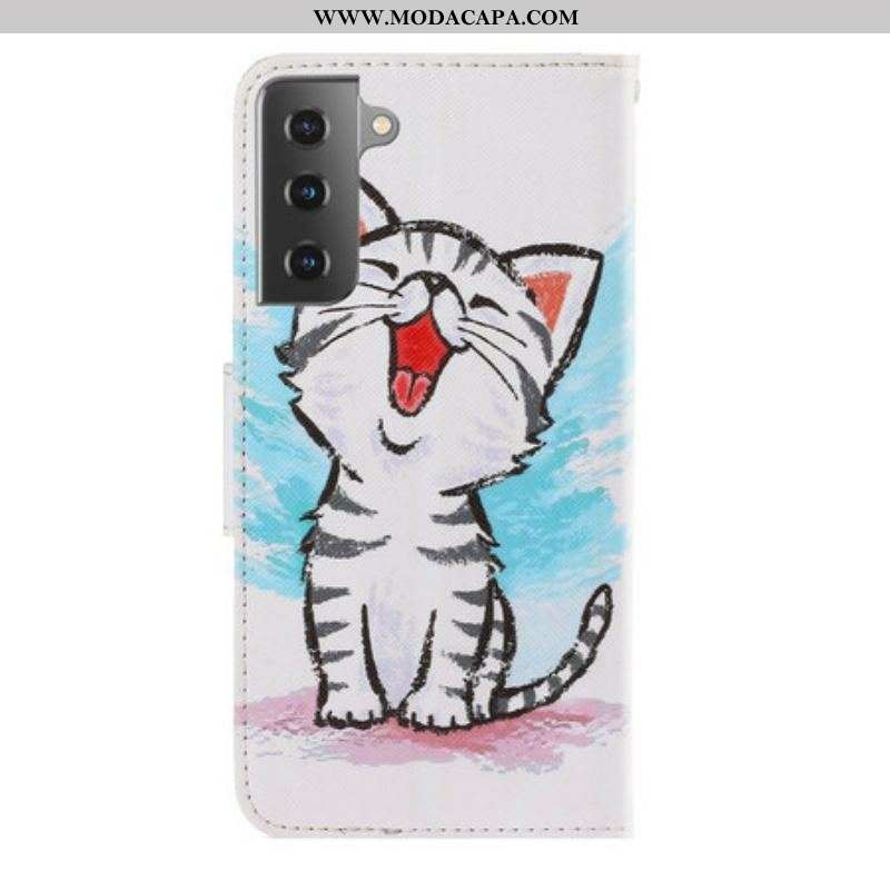 Capa De Couro Para Samsung Galaxy S21 Plus 5G De Cordão Gatinho Cor Strappy