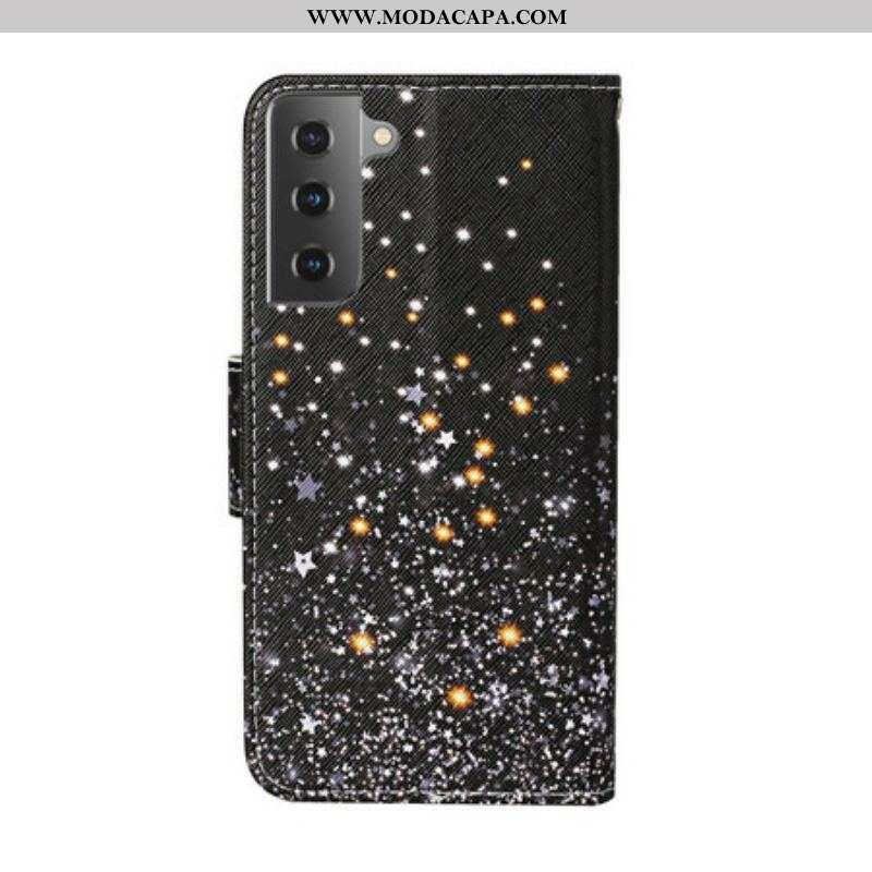 Capa De Couro Para Samsung Galaxy S21 Plus 5G Estrelas E Lantejoulas Com Cordão